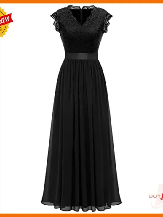V-Neck Sleeveless Lace Formal Gown, Zipper Back, Chiffon Skirt - Picture 4 of 6